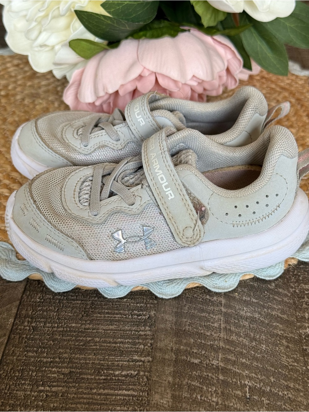 Under Armour Kids Light Gray and White Athletic Sneakers